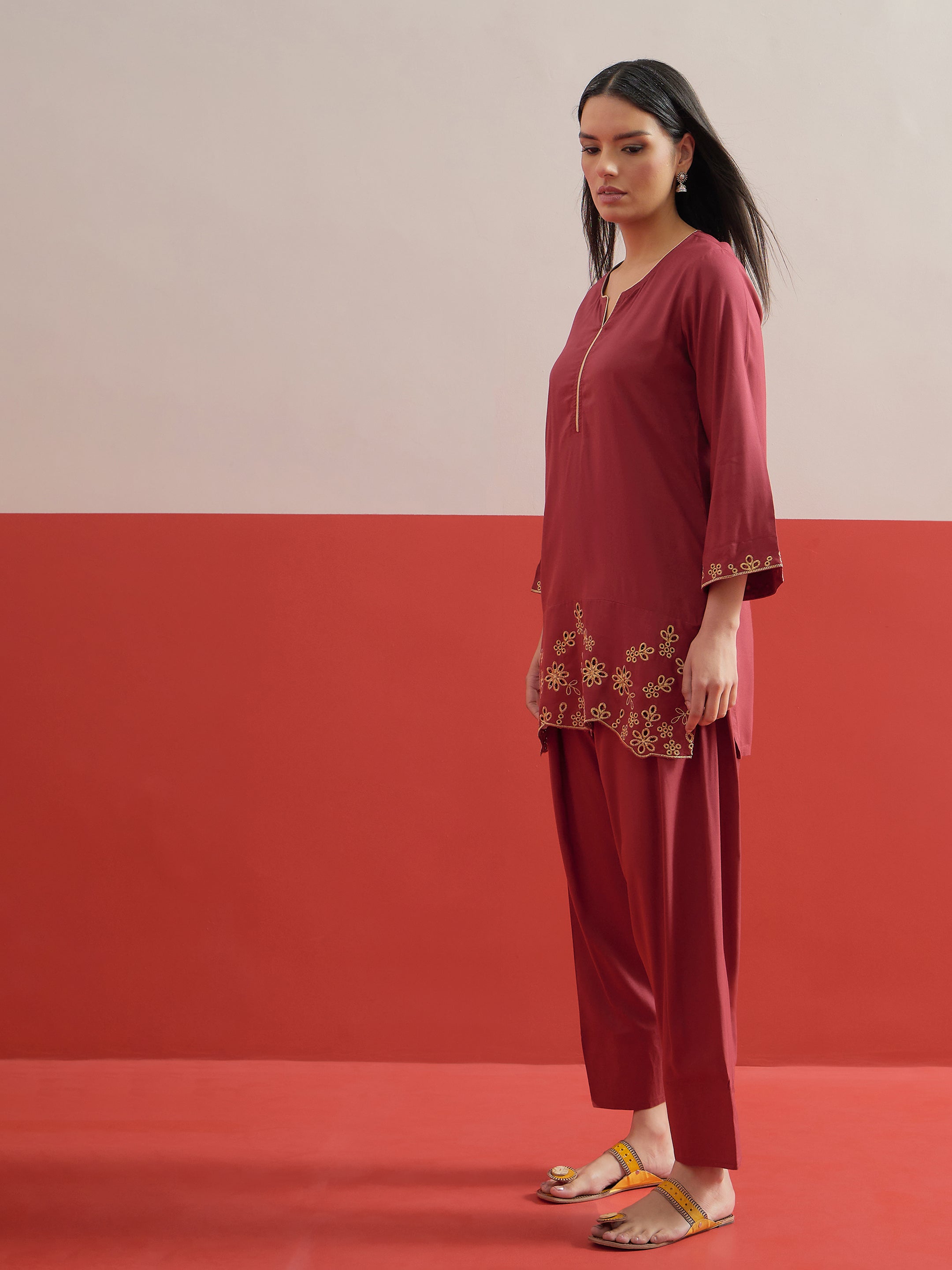 Maroon Zari Embroidered Short Kurti With Pharsi Salwar Shae by SASSAFRAS