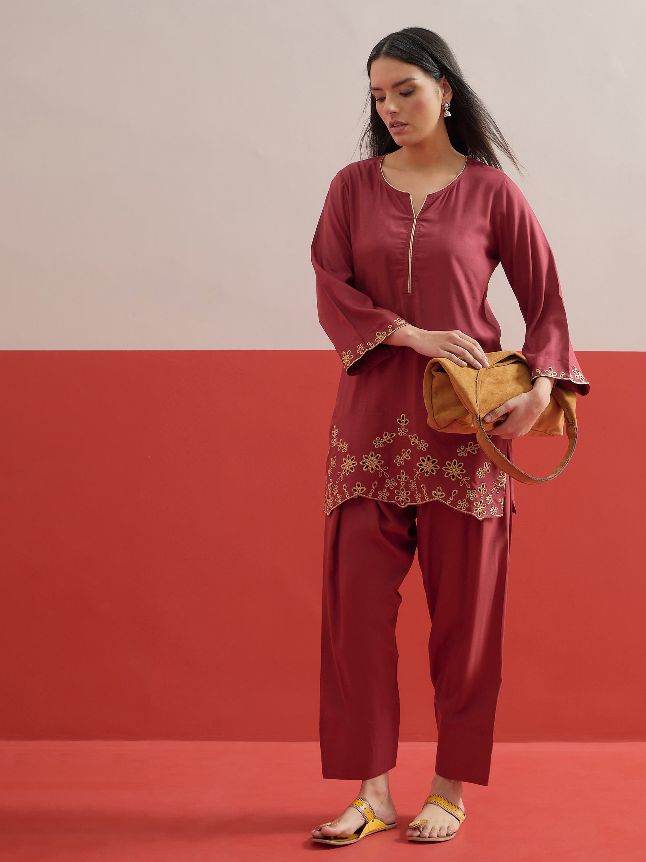 Maroon Zari Embroidered Short Kurti With Pharsi Salwar Shae by SASSAFRAS