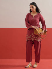 Maroon Zari Embroidered Short Kurti With Pharsi Salwar Shae by SASSAFRAS