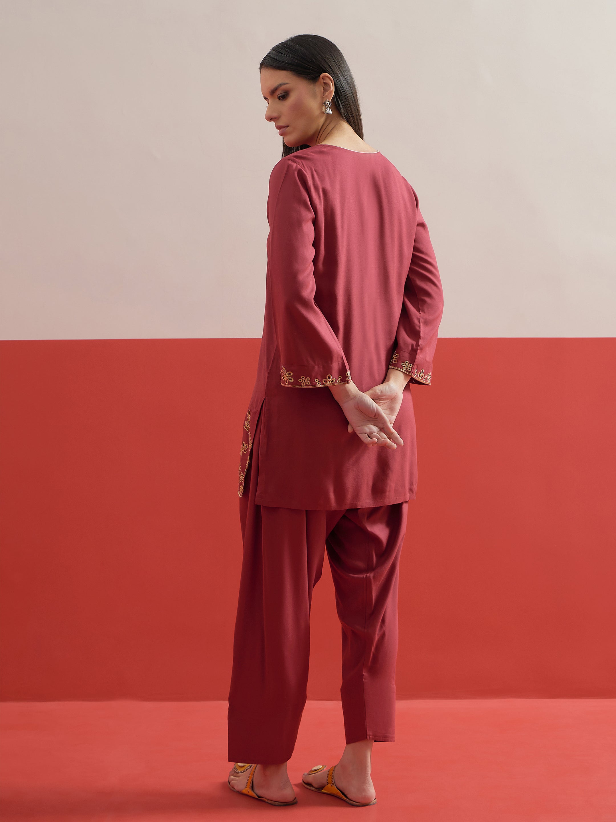 Maroon Zari Embroidered Short Kurti With Pharsi Salwar Shae by SASSAFRAS
