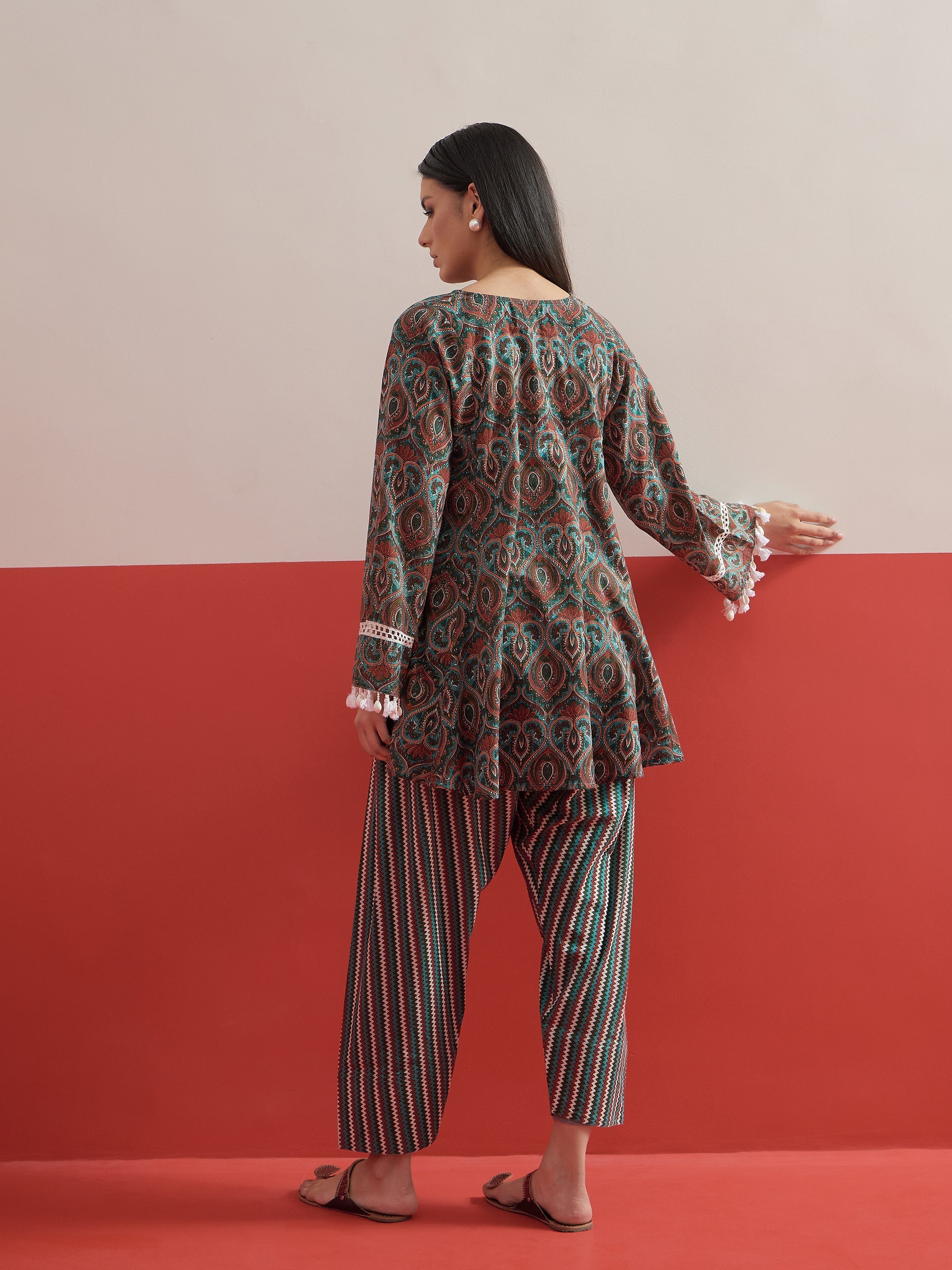 Green Floral Choga Kurta With Pharsi Salwar Shae by SASSAFRAS