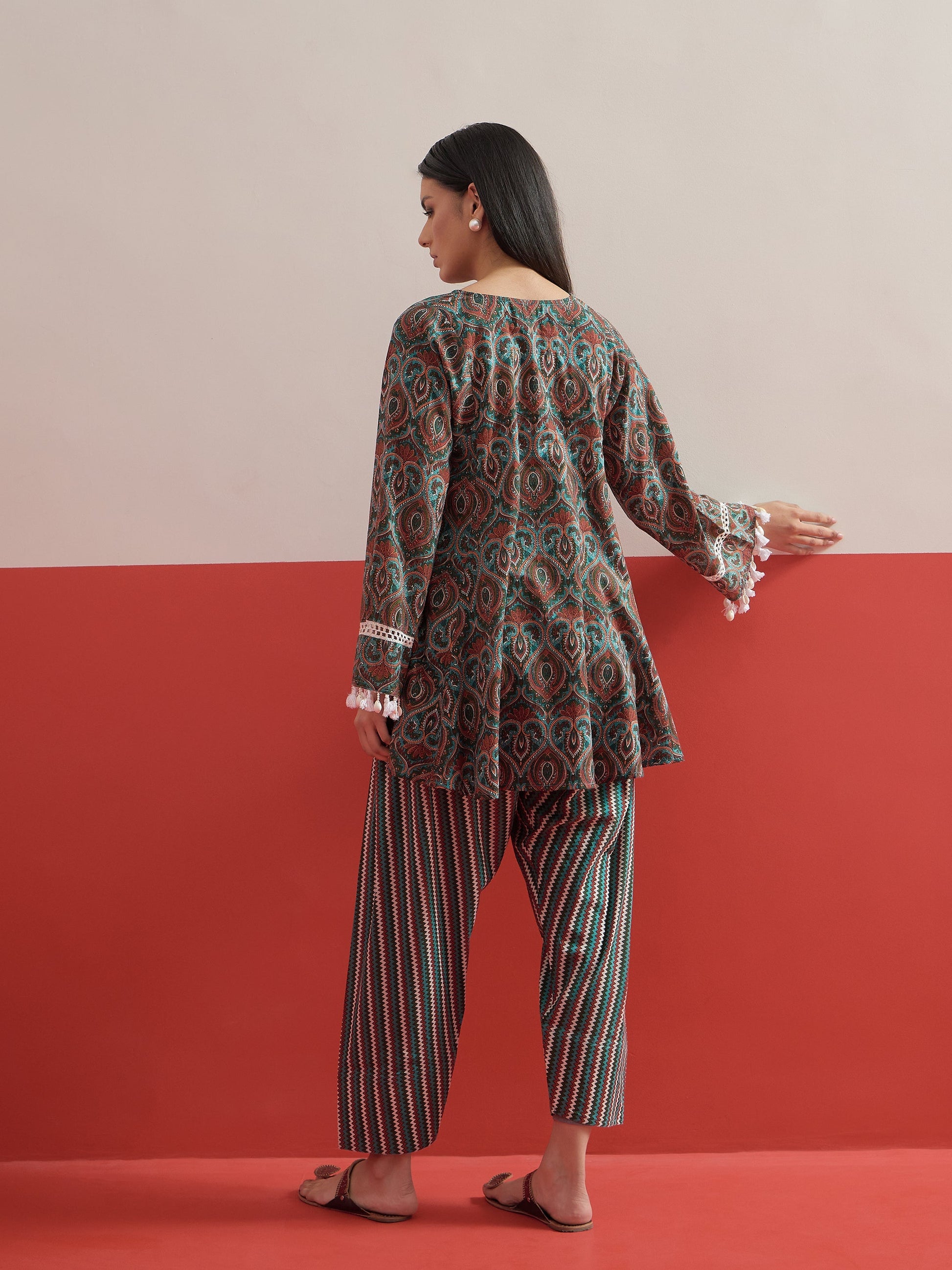 Green Floral Choga Kurta With Pharsi Salwar Shae by SASSAFRAS