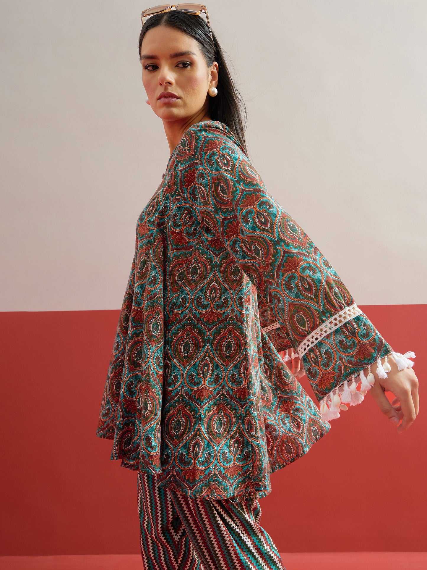 Green Floral Choga Kurta With Pharsi Salwar Shae by SASSAFRAS