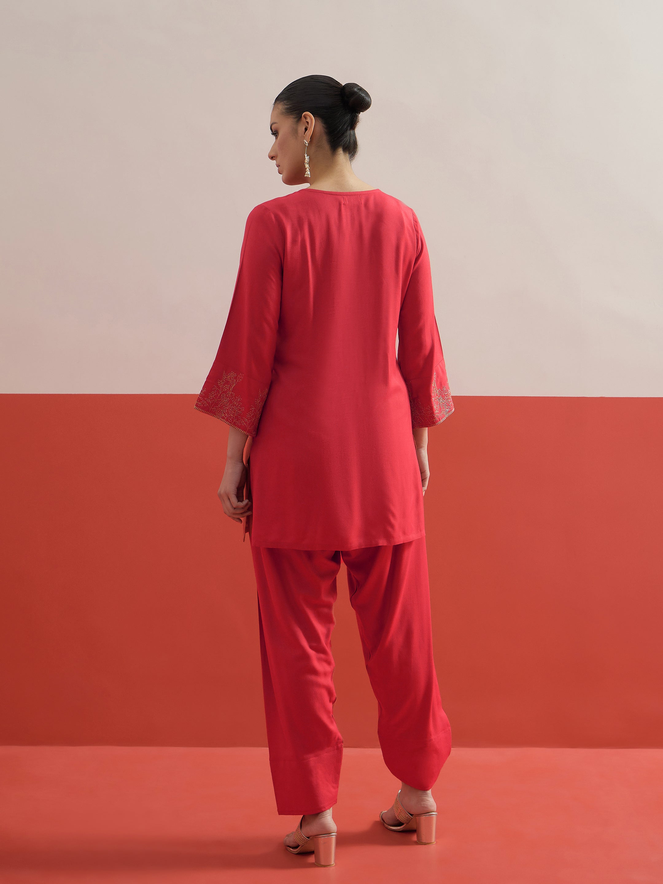 Red All Over Embroidered Short Kurti With Pharsi Salwar Shae by SASSAFRAS