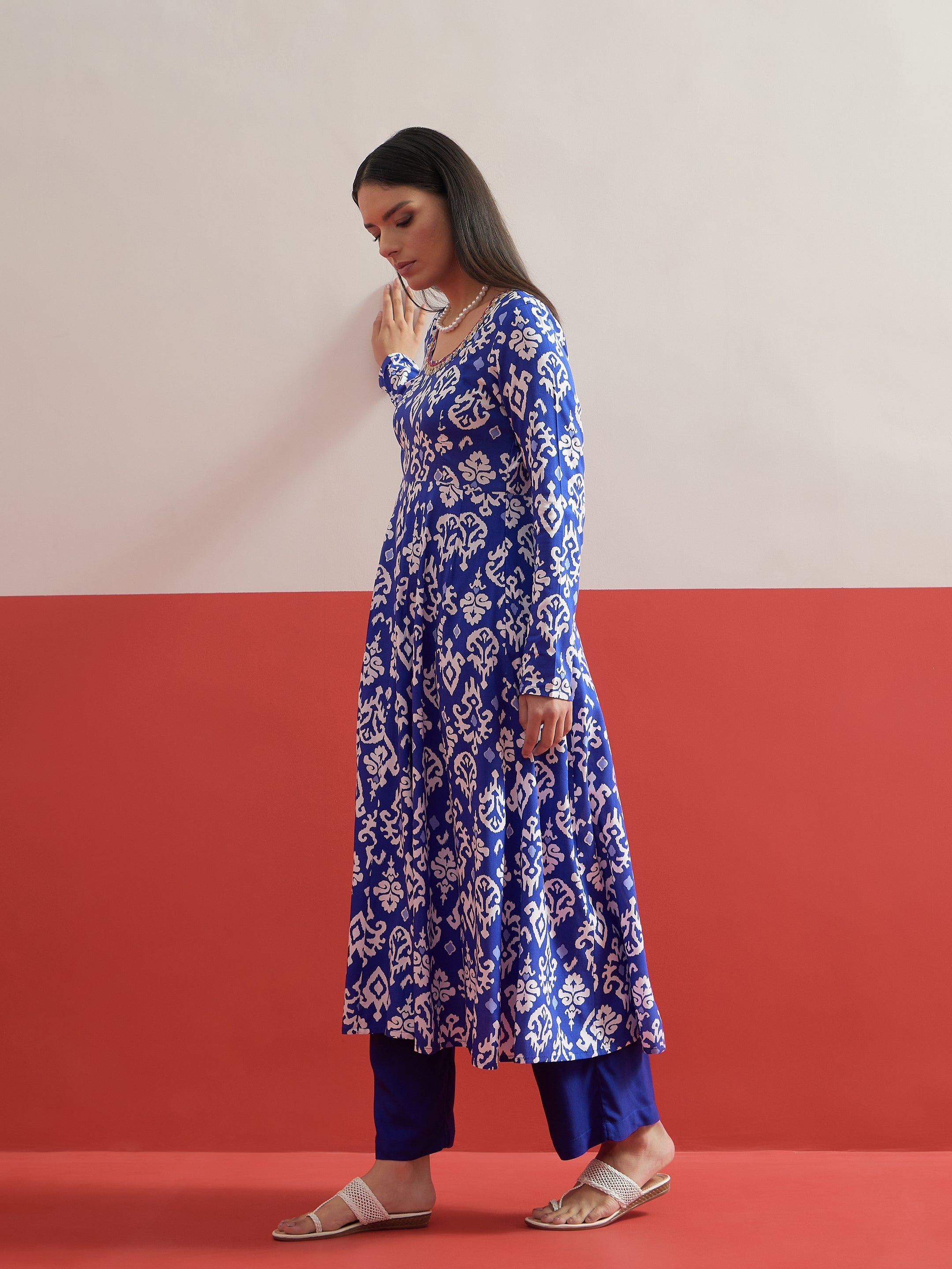 Blue Ikat Print Anarkali Kurta With Pencil Pants Shae by SASSAFRAS
