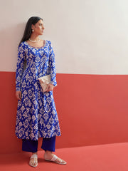 Blue Ikat Print Anarkali Kurta With Pencil Pants Shae by SASSAFRAS