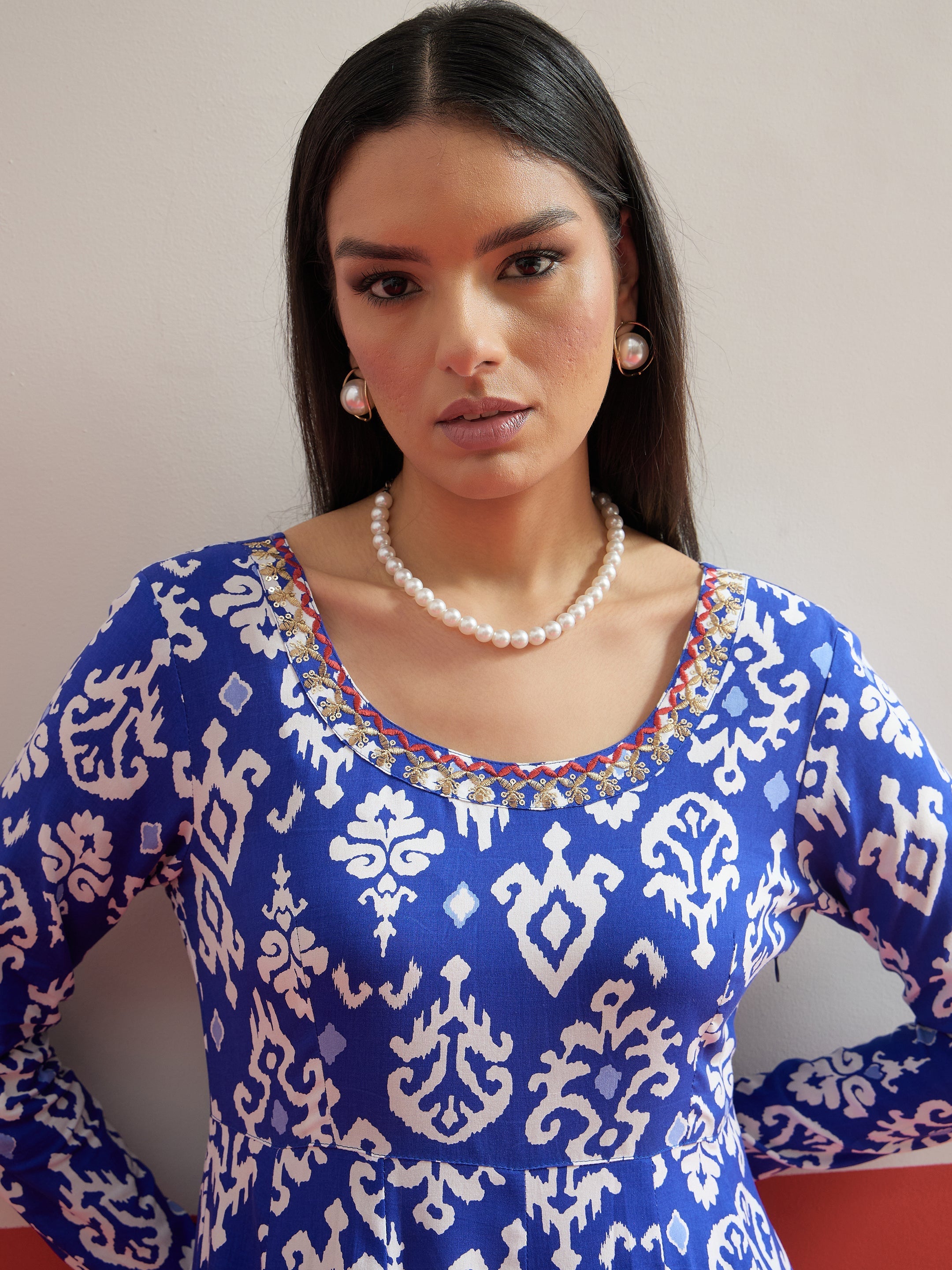 Blue Ikat Print Anarkali Kurta With Pencil Pants Shae by SASSAFRAS