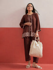 Brown Embroidered Button Down Short Kurti With Pharsi Salwar Shae by SASSAFRAS