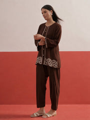 Brown Embroidered Button Down Short Kurti With Pharsi Salwar Shae by SASSAFRAS