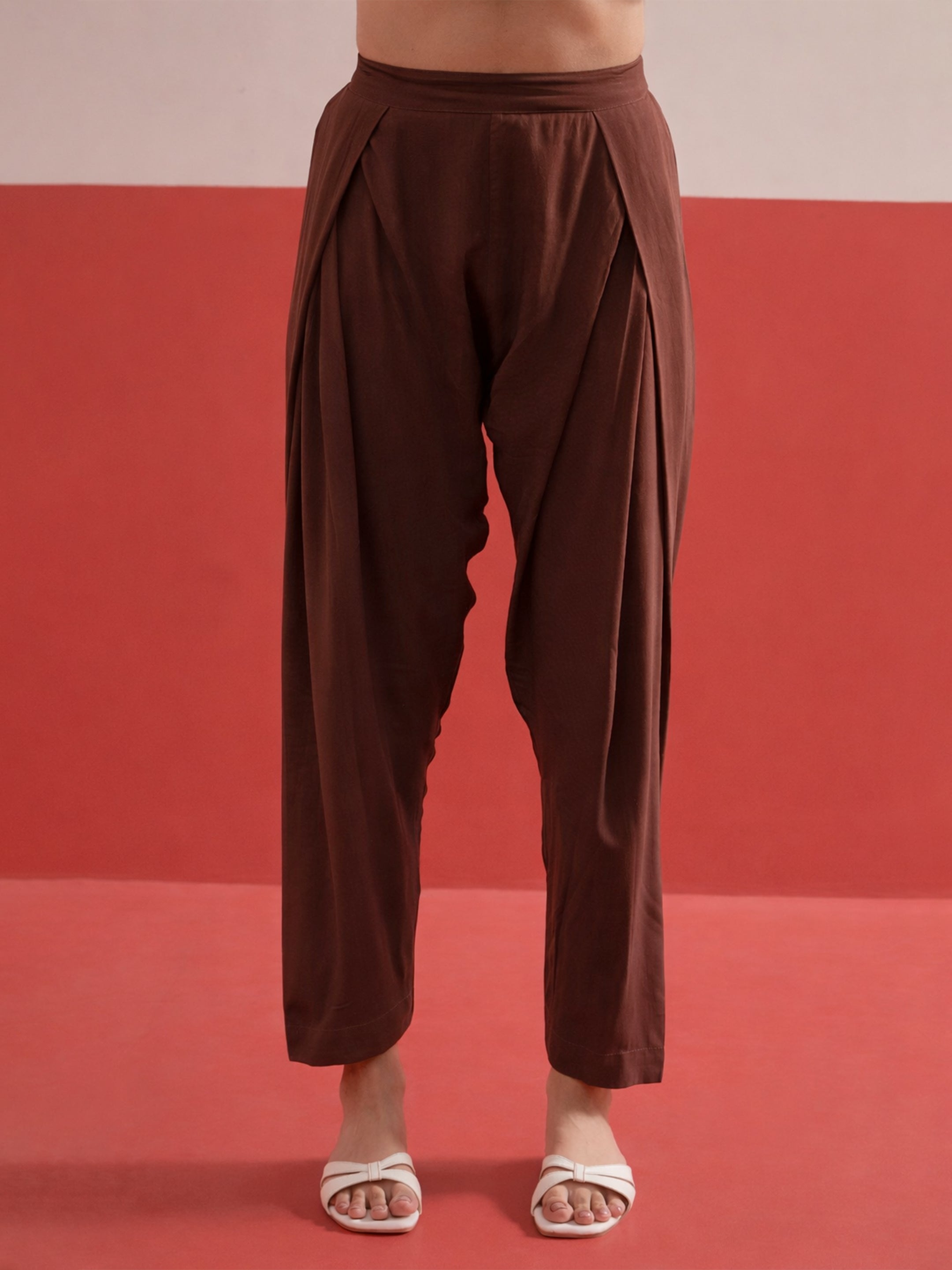 Brown Embroidered Button Down Short Kurti With Pharsi Salwar Shae by SASSAFRAS