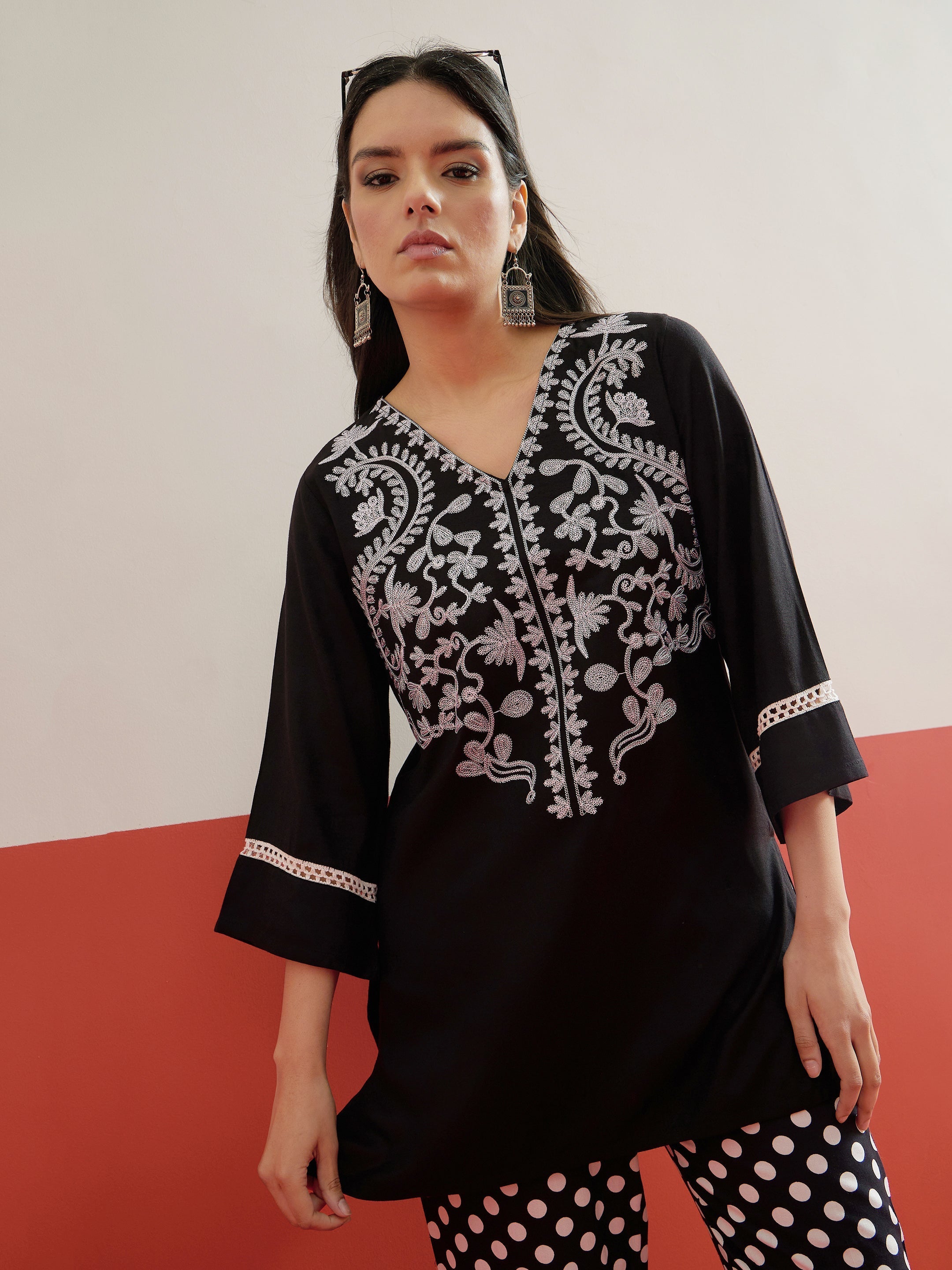 Black Embroidered Short Kurti With Polka Pants Shae by SASSAFRAS