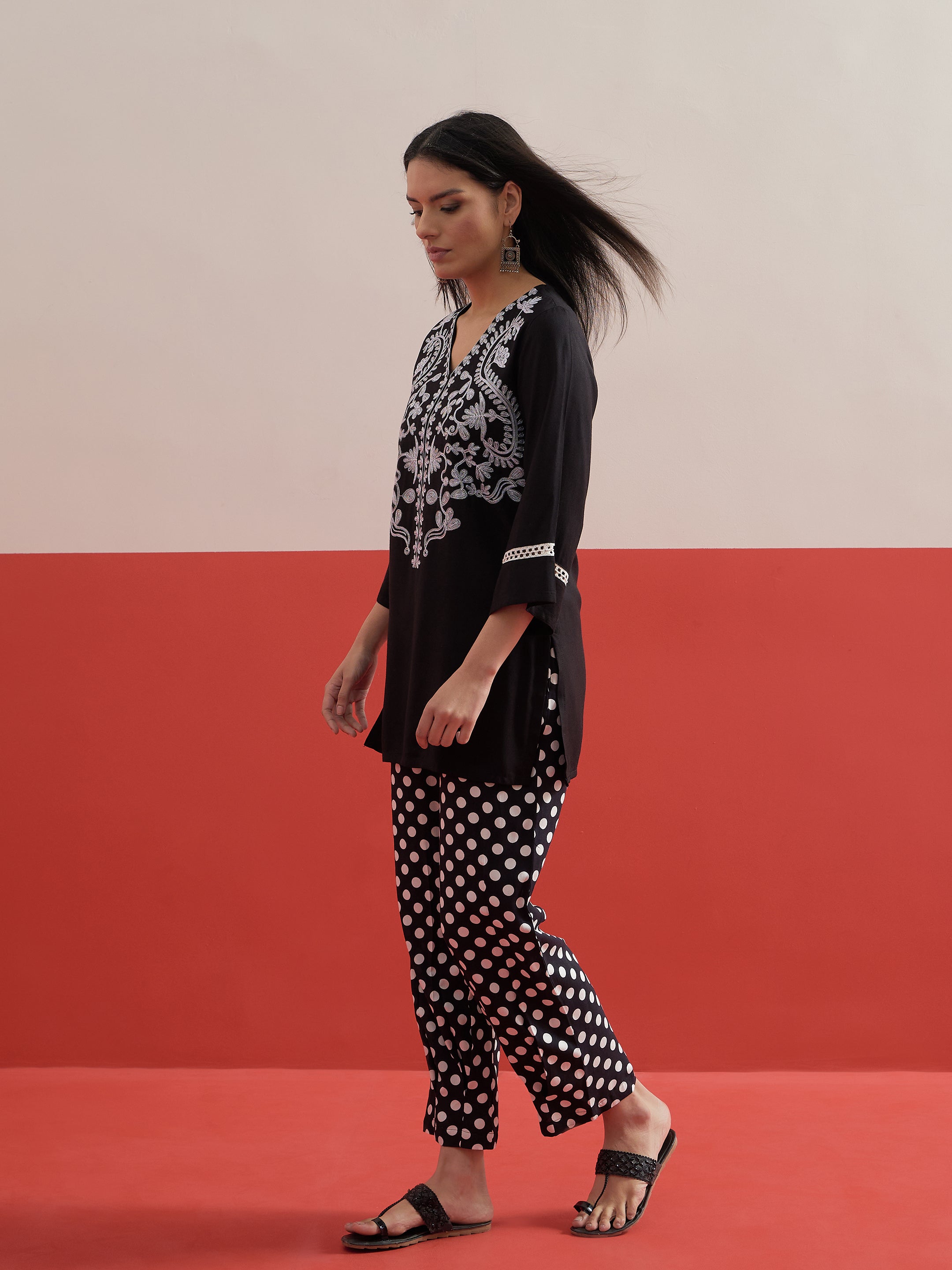Black Embroidered Short Kurti With Polka Pants Shae by SASSAFRAS