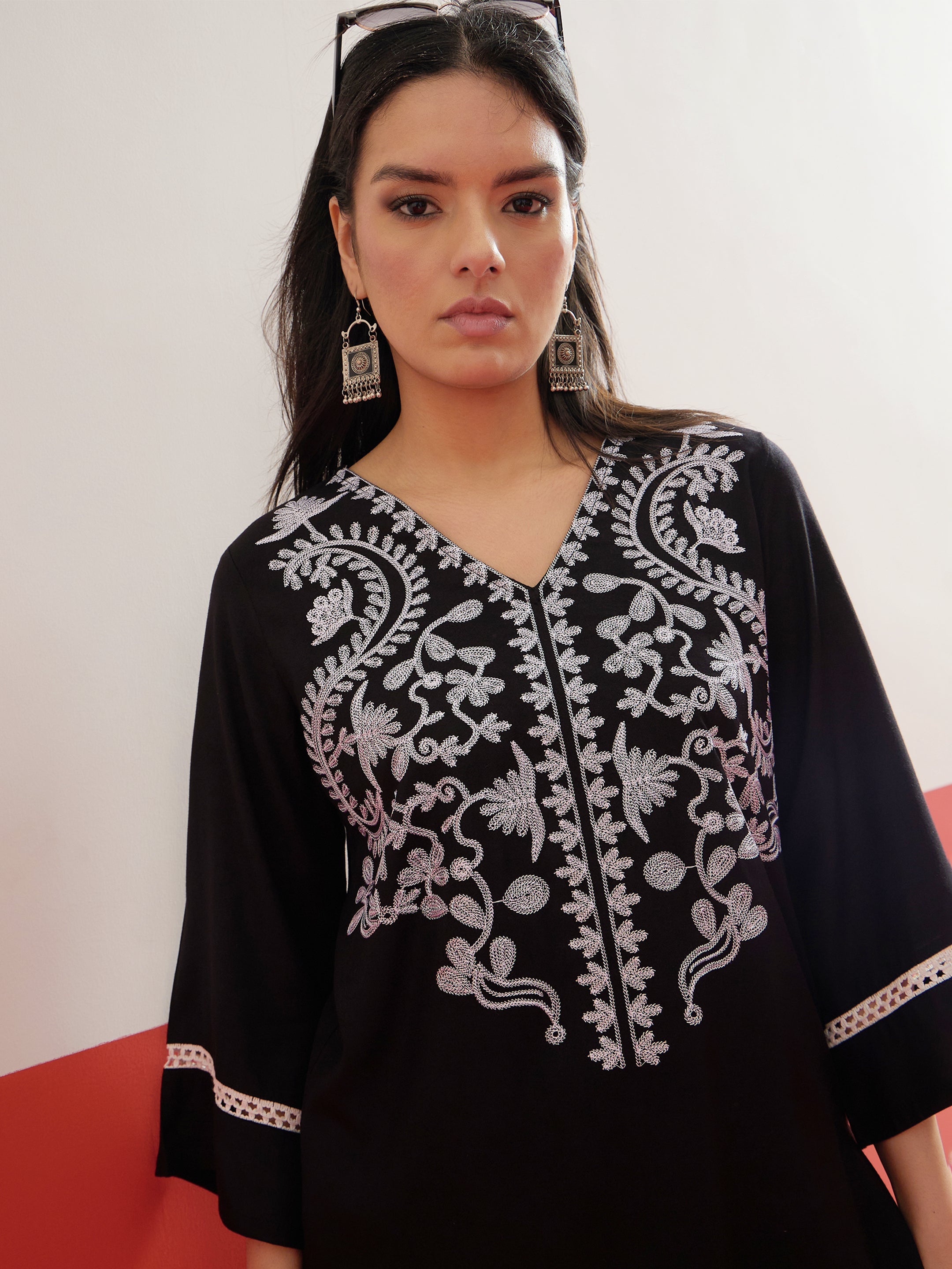Black Embroidered Short Kurti With Polka Pants Shae by SASSAFRAS
