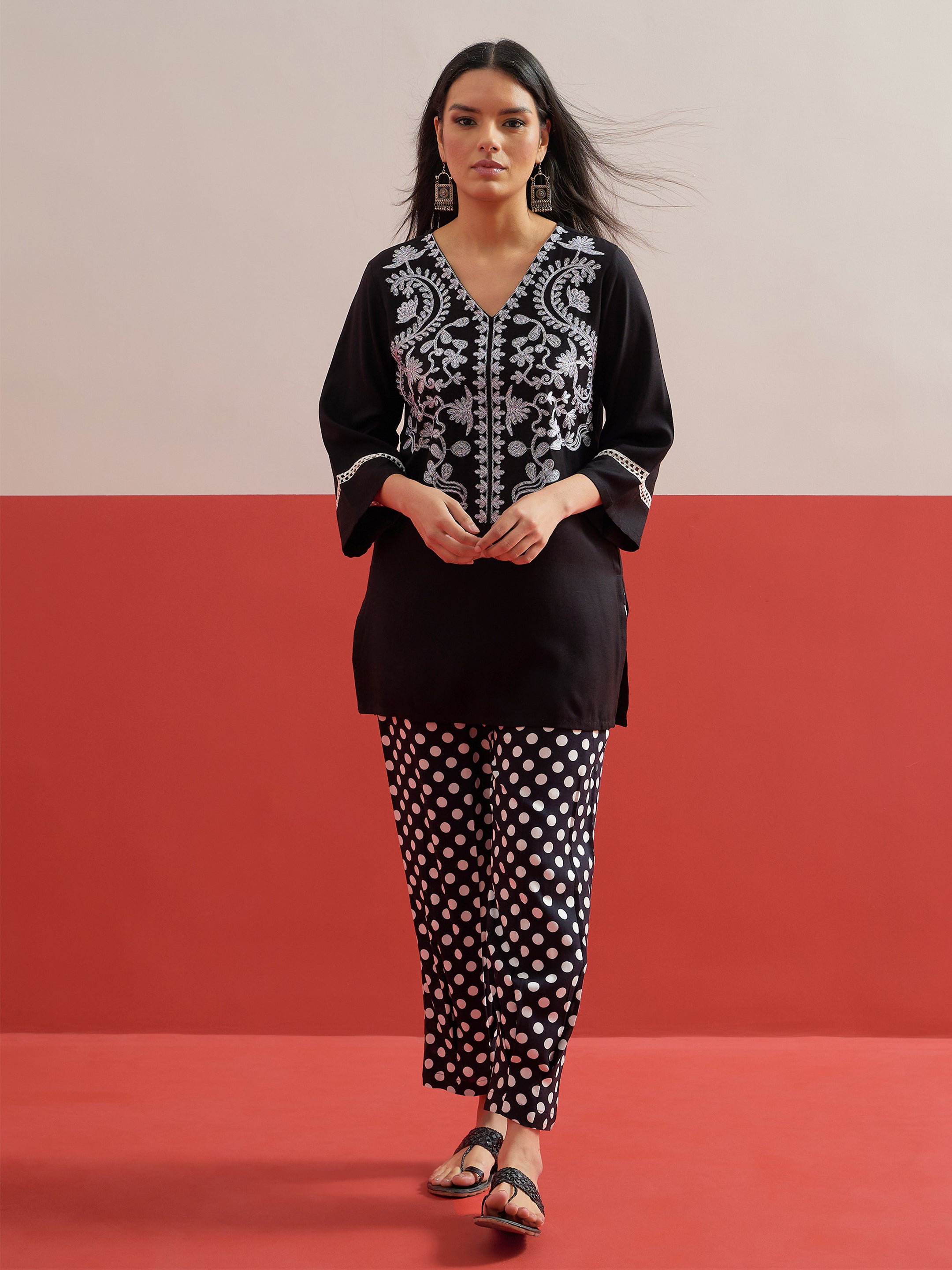 Black Embroidered Short Kurti With Polka Pants Shae by SASSAFRAS