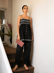 Women Black Embroidered Strappy Peplum Top With Balloon Pants