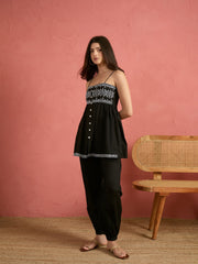 Women Black Embroidered Strappy Peplum Top With Balloon Pants