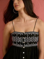 Women Black Embroidered Strappy Peplum Top With Balloon Pants