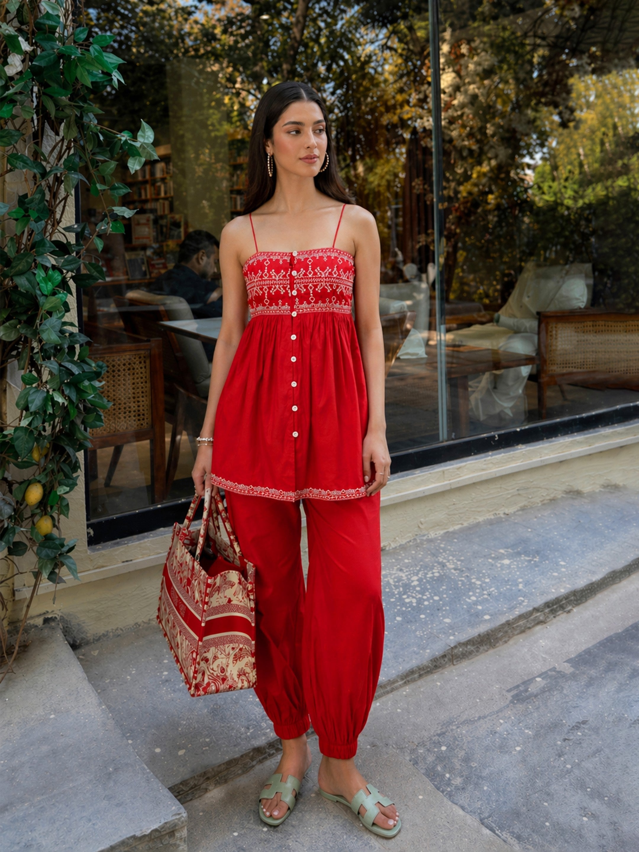 Women Red Embroidered Strappy Peplum Top With Balloon Pants