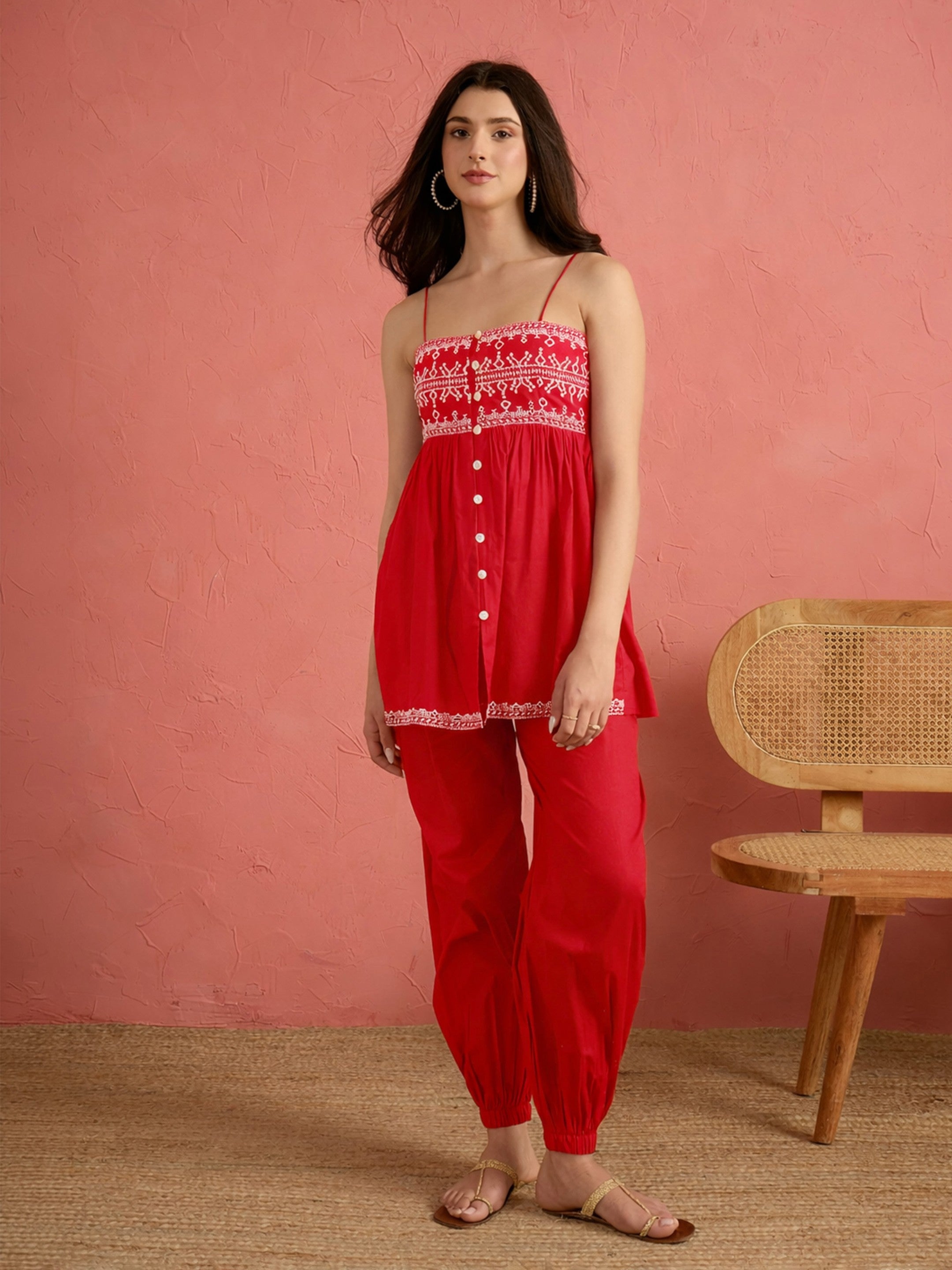 Women Red Embroidered Strappy Peplum Top With Balloon Pants