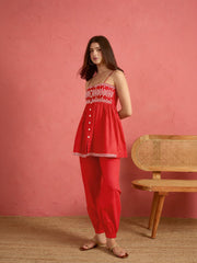 Women Red Embroidered Strappy Peplum Top With Balloon Pants