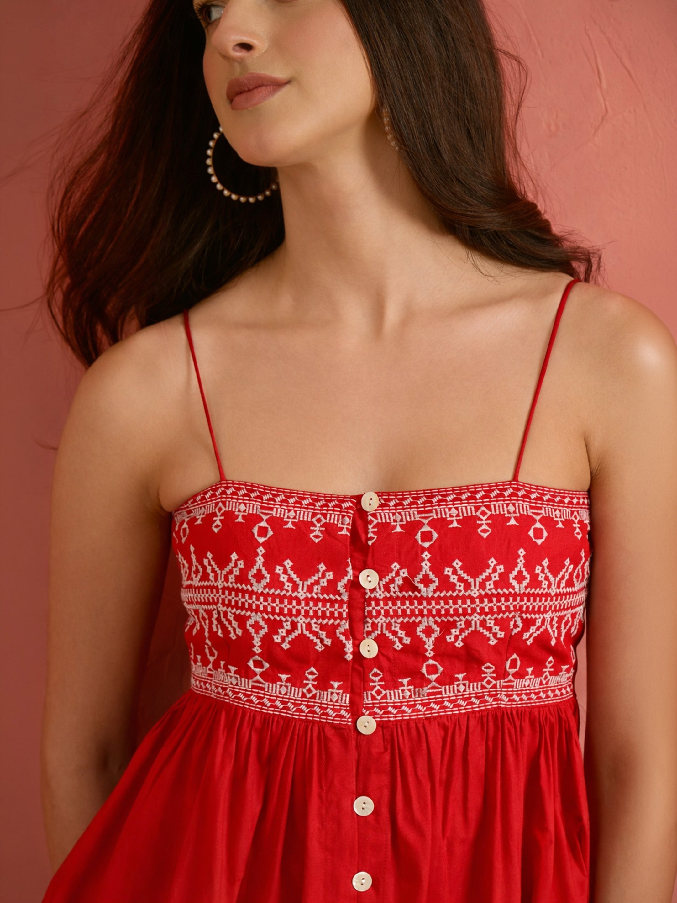 Women Red Embroidered Strappy Peplum Top With Balloon Pants