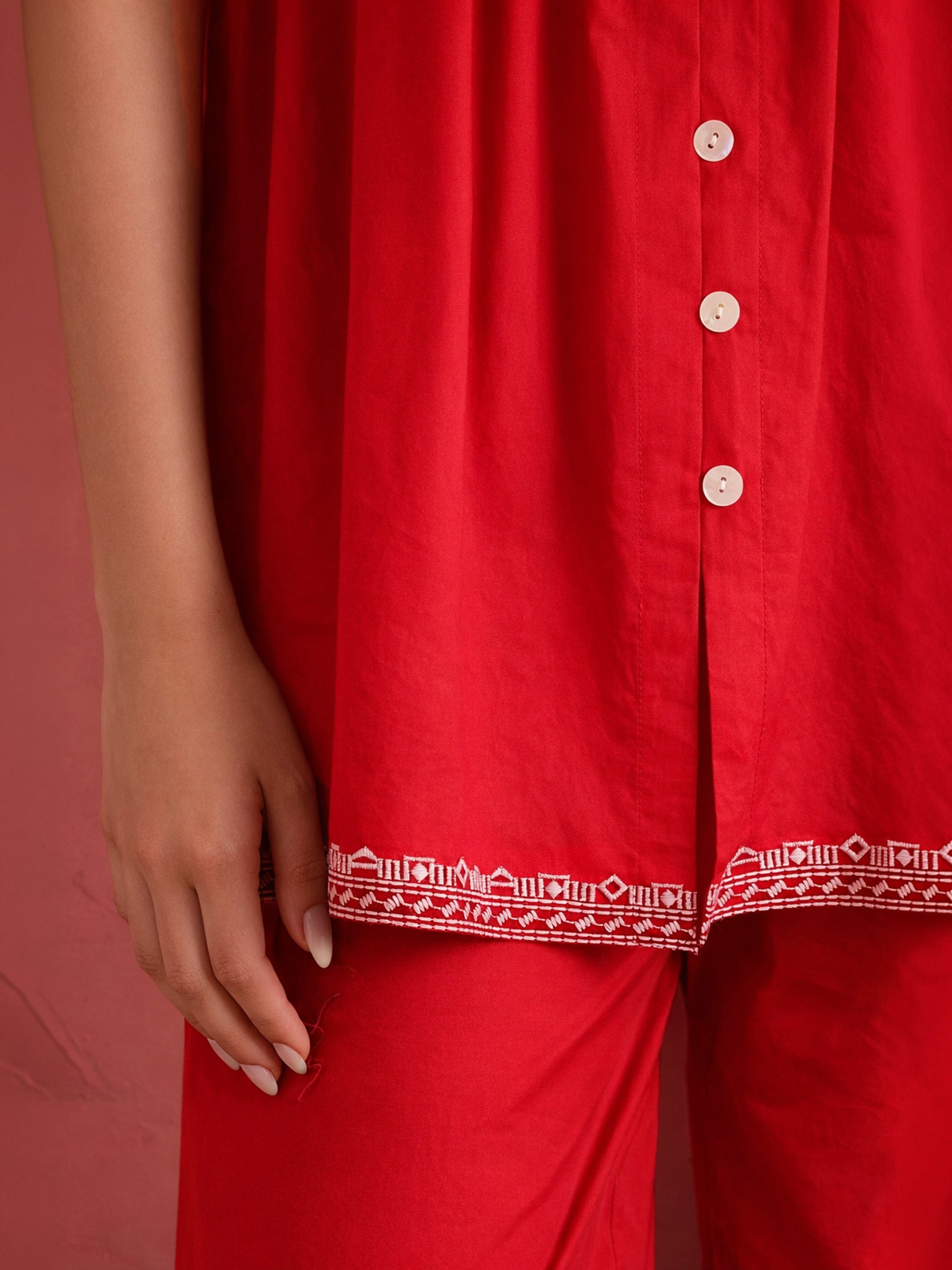 Women Red Embroidered Strappy Peplum Top With Balloon Pants