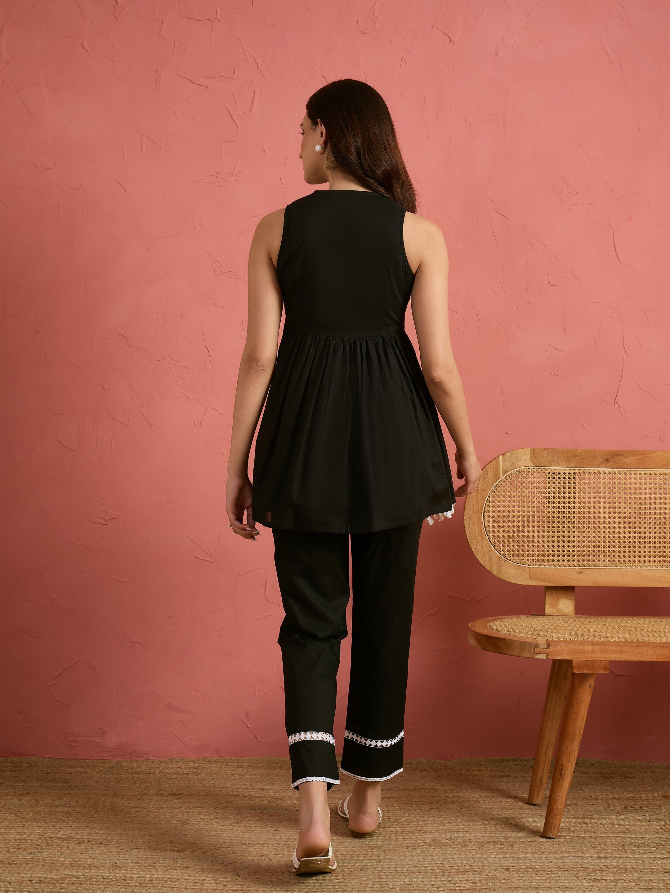 Women Black Embroidered Sleeveless Button Down Top With Pencil Pants