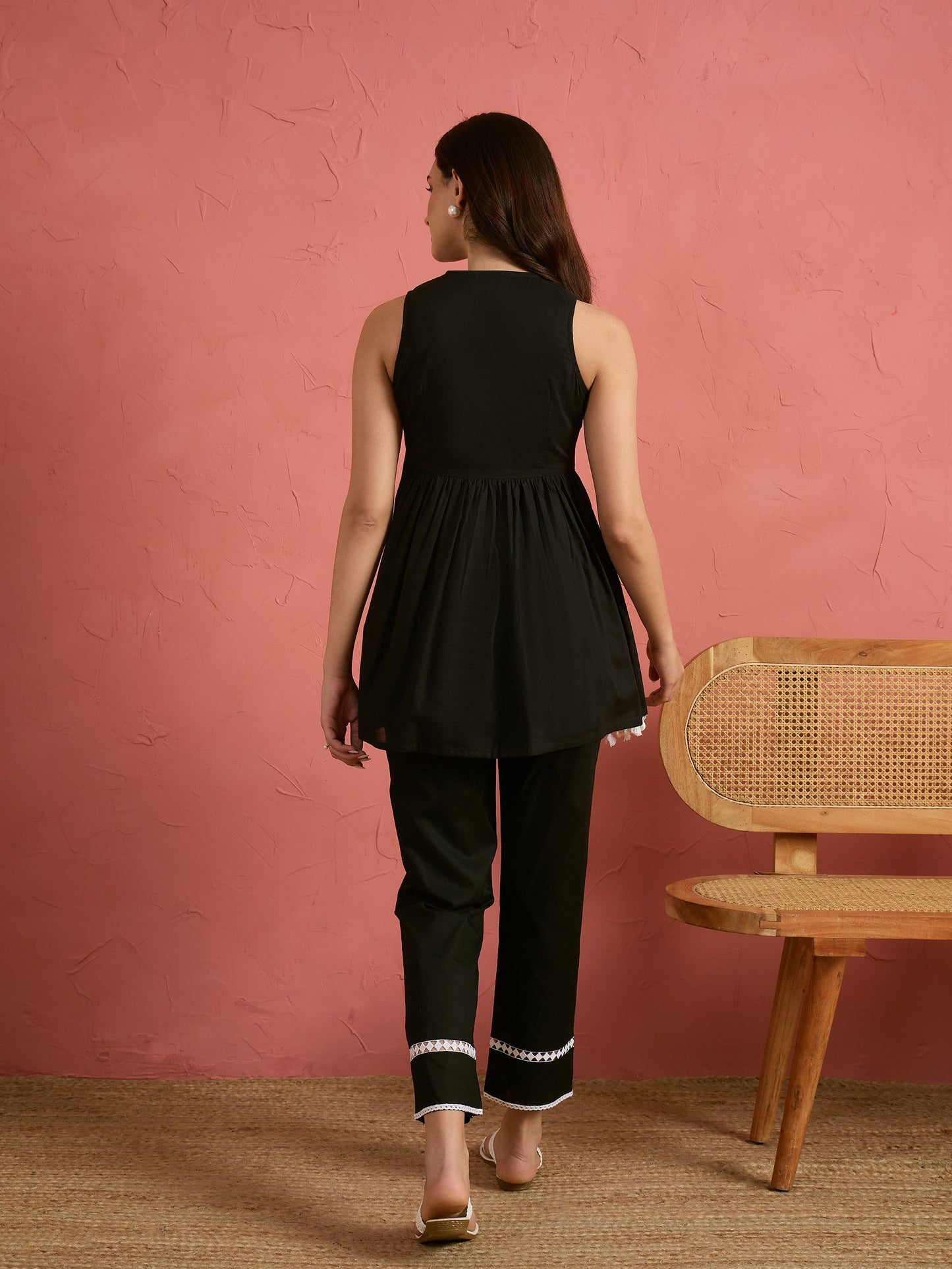 Women Black Embroidered Sleeveless Button Down Top With Pencil Pants