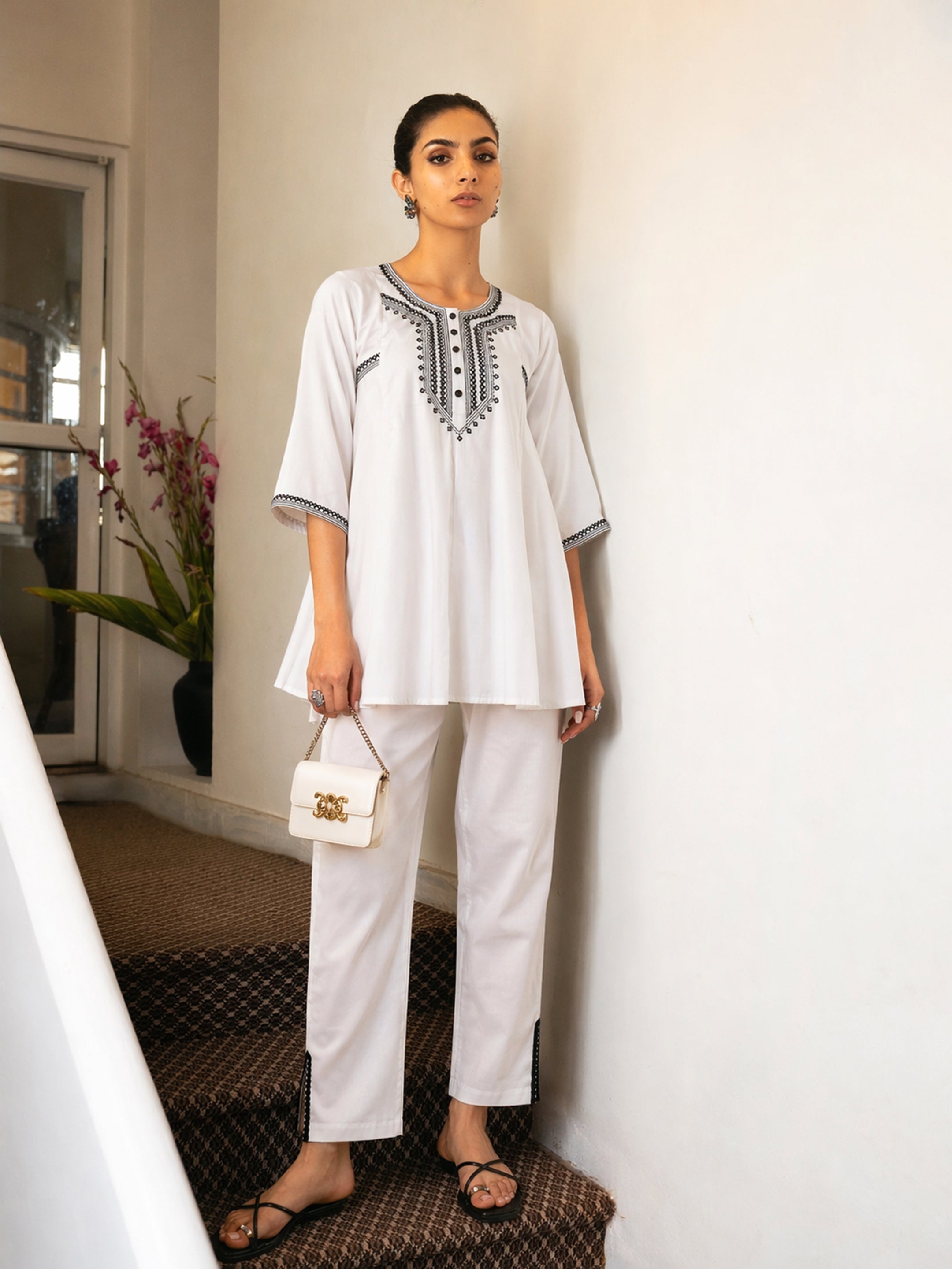 Women White Embroidered Choga Kurta With Pencil Pants