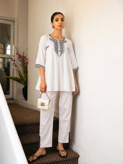 Women White Embroidered Choga Kurta With Pencil Pants