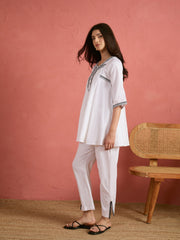 Women White Embroidered Choga Kurta With Pencil Pants