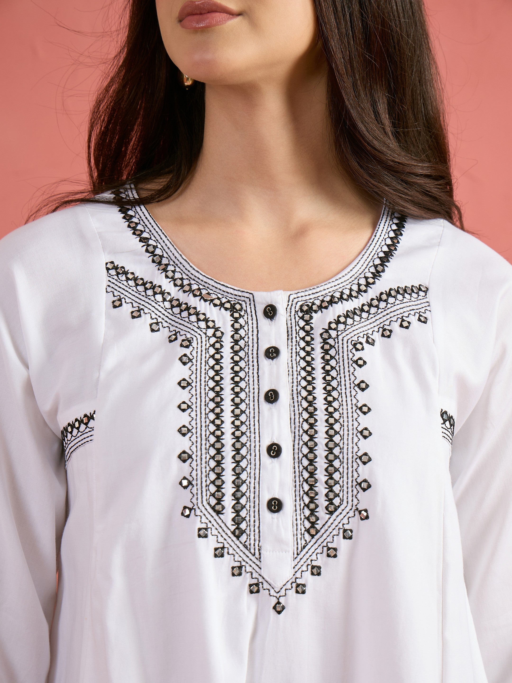Women White Embroidered Choga Kurta With Pencil Pants
