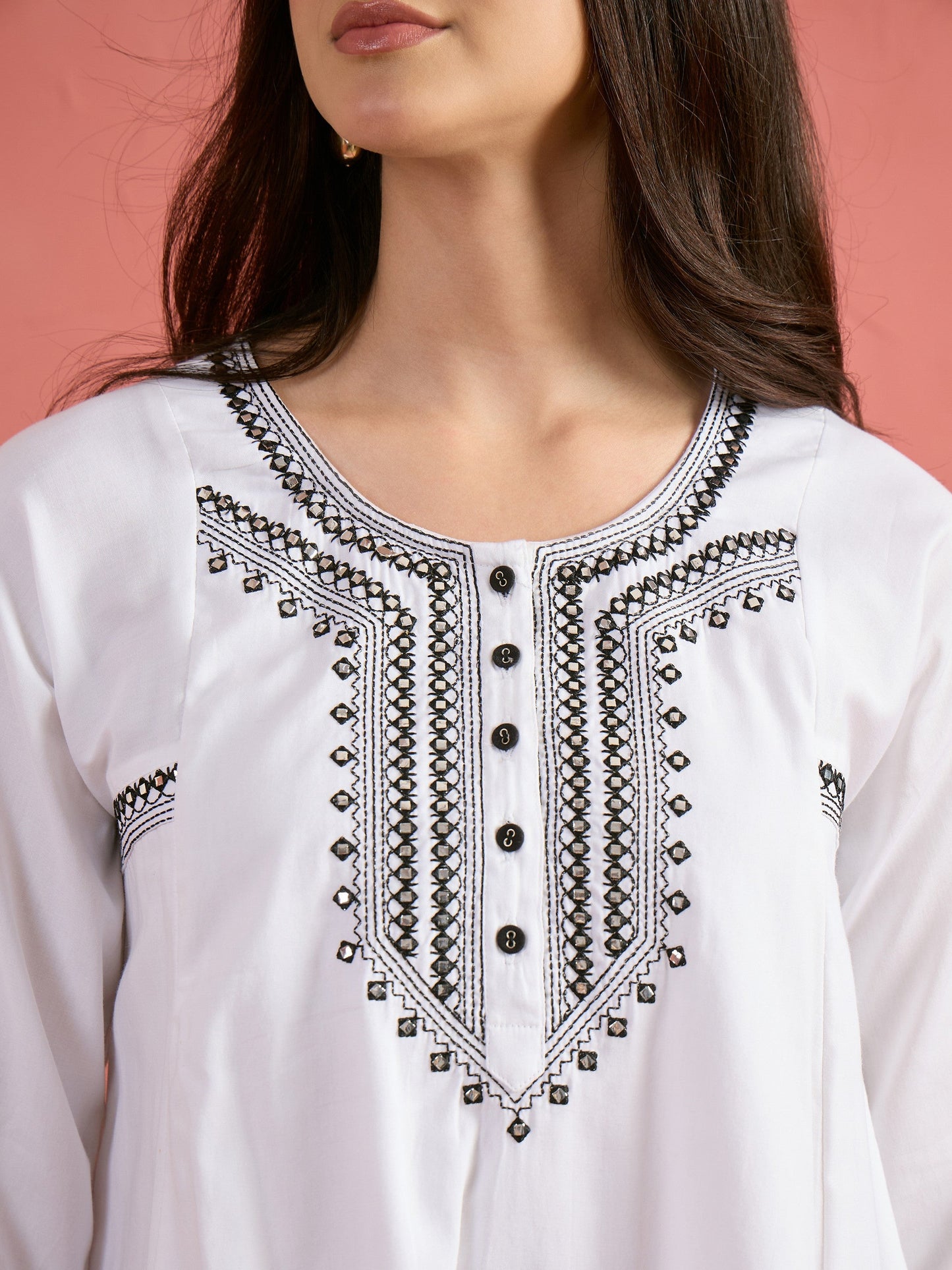 Women White Embroidered Choga Kurta With Pencil Pants
