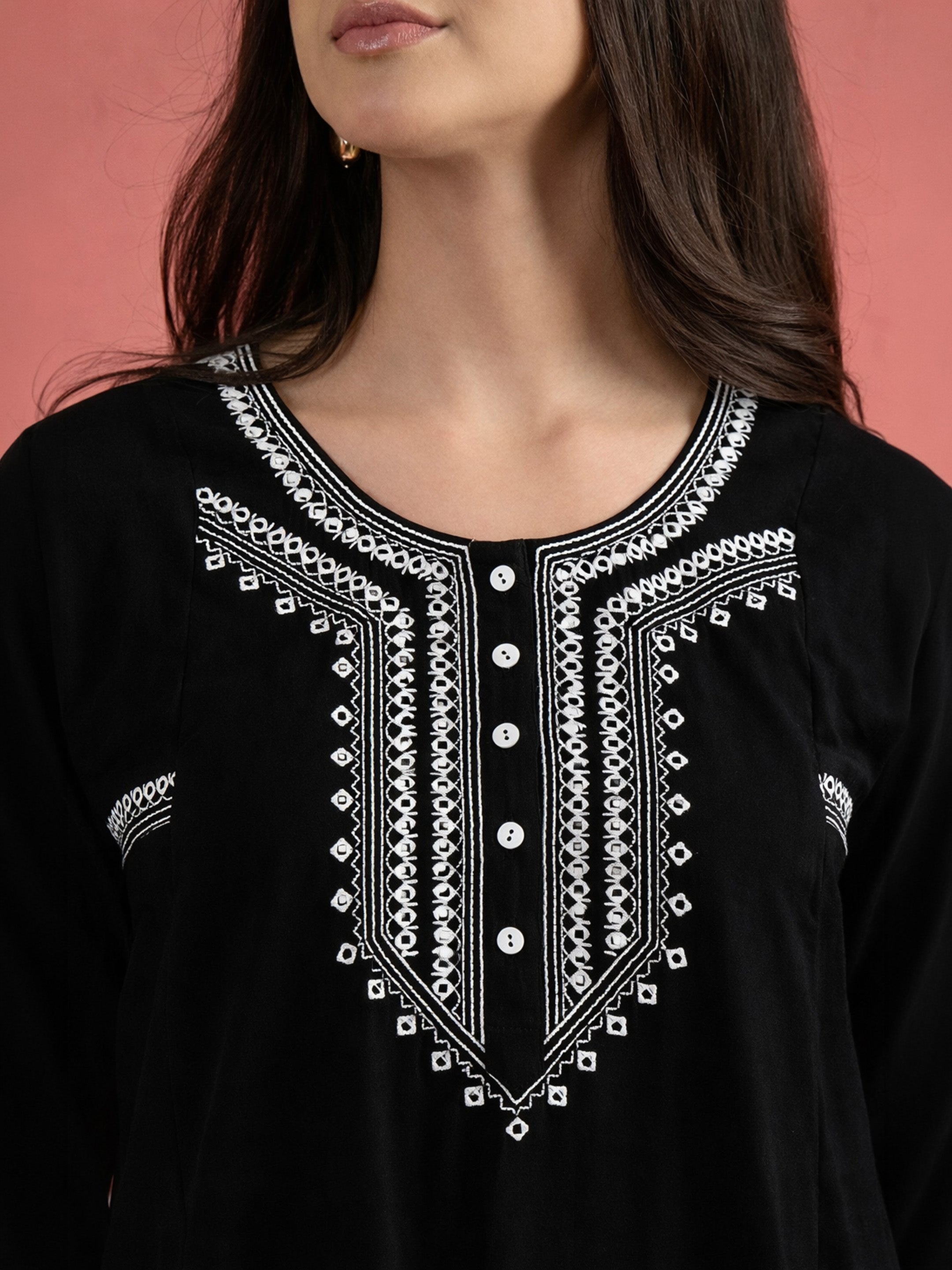 Women Black Embroidered Choga Kurta With Pencil Pants