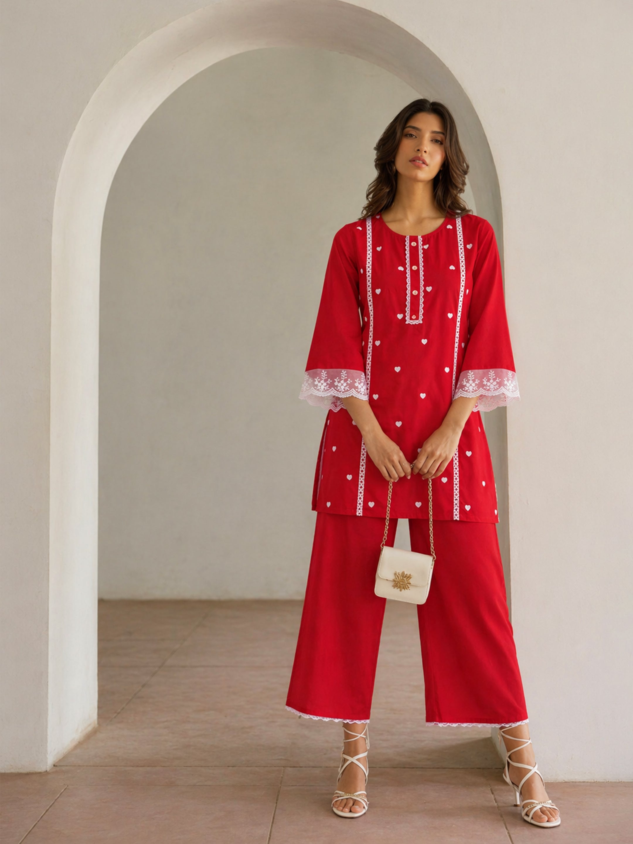 Women Red Heart Embroidery Short Kurta With Straight Pants