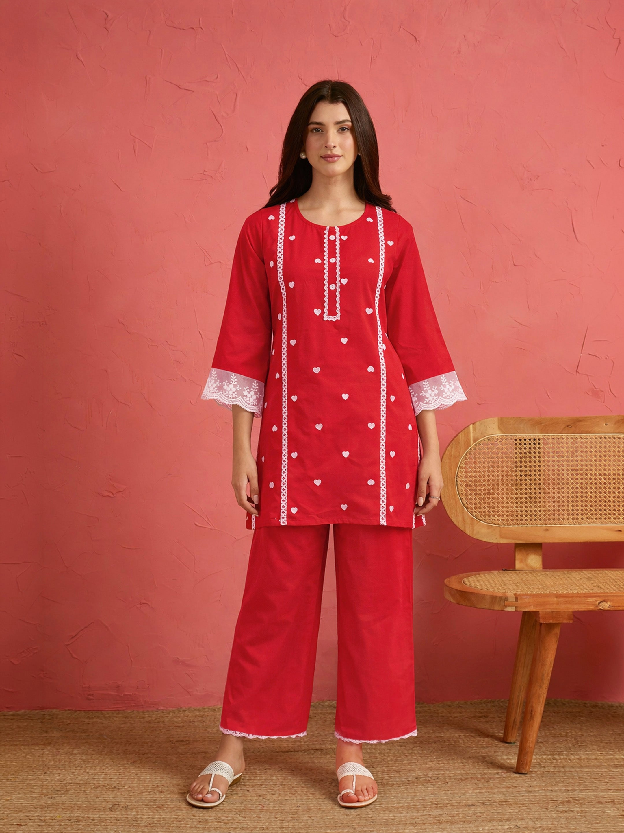Women Red Heart Embroidery Short Kurta With Straight Pants