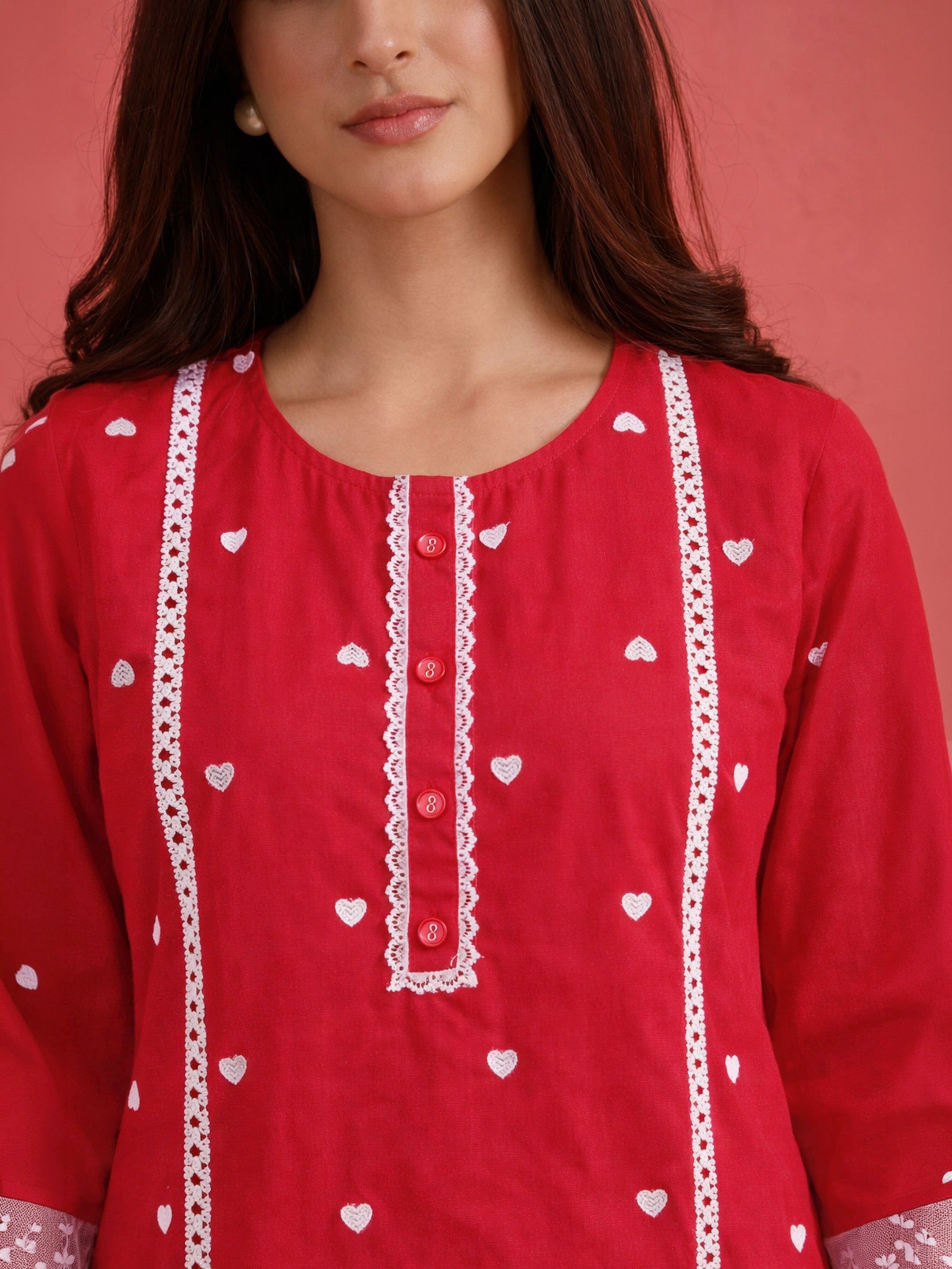 Women Red Heart Embroidery Short Kurta With Straight Pants