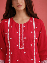 Women Red Heart Embroidery Short Kurta With Straight Pants
