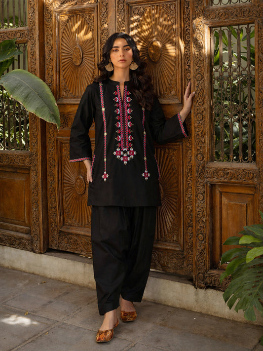 Women Black Embroidered Short Kurta With Farshi Salwar