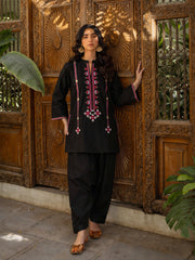 Women Black Embroidered Short Kurta With Farshi Salwar
