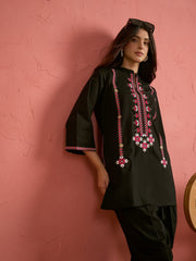 Women Black Embroidered Short Kurta With Farshi Salwar