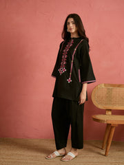 Women Black Embroidered Short Kurta With Farshi Salwar