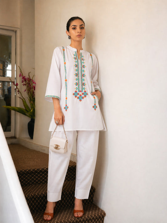 Women White Embroidered Short Kurta With Farshi Salwar