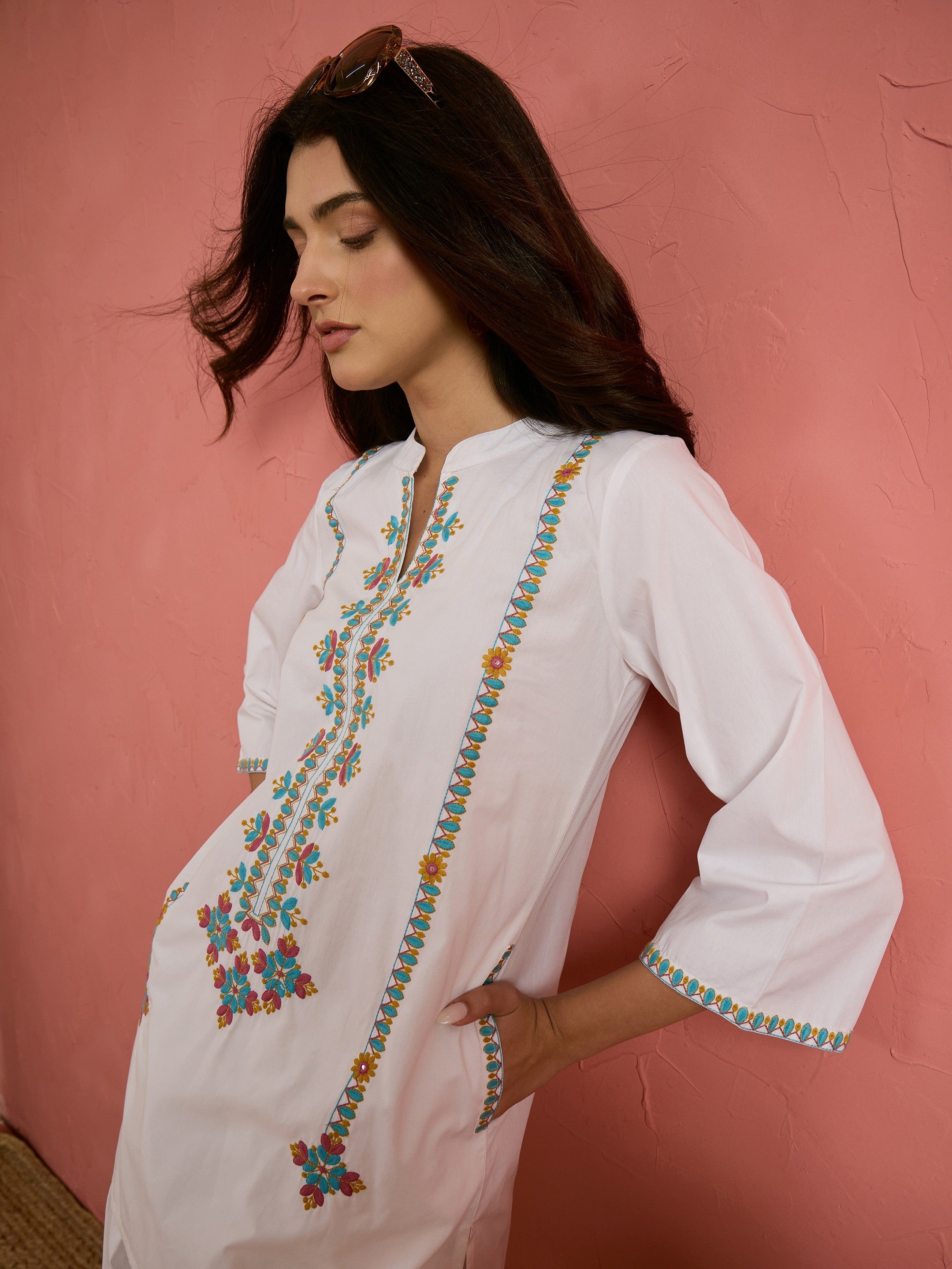 Women White Embroidered Short Kurta With Farshi Salwar