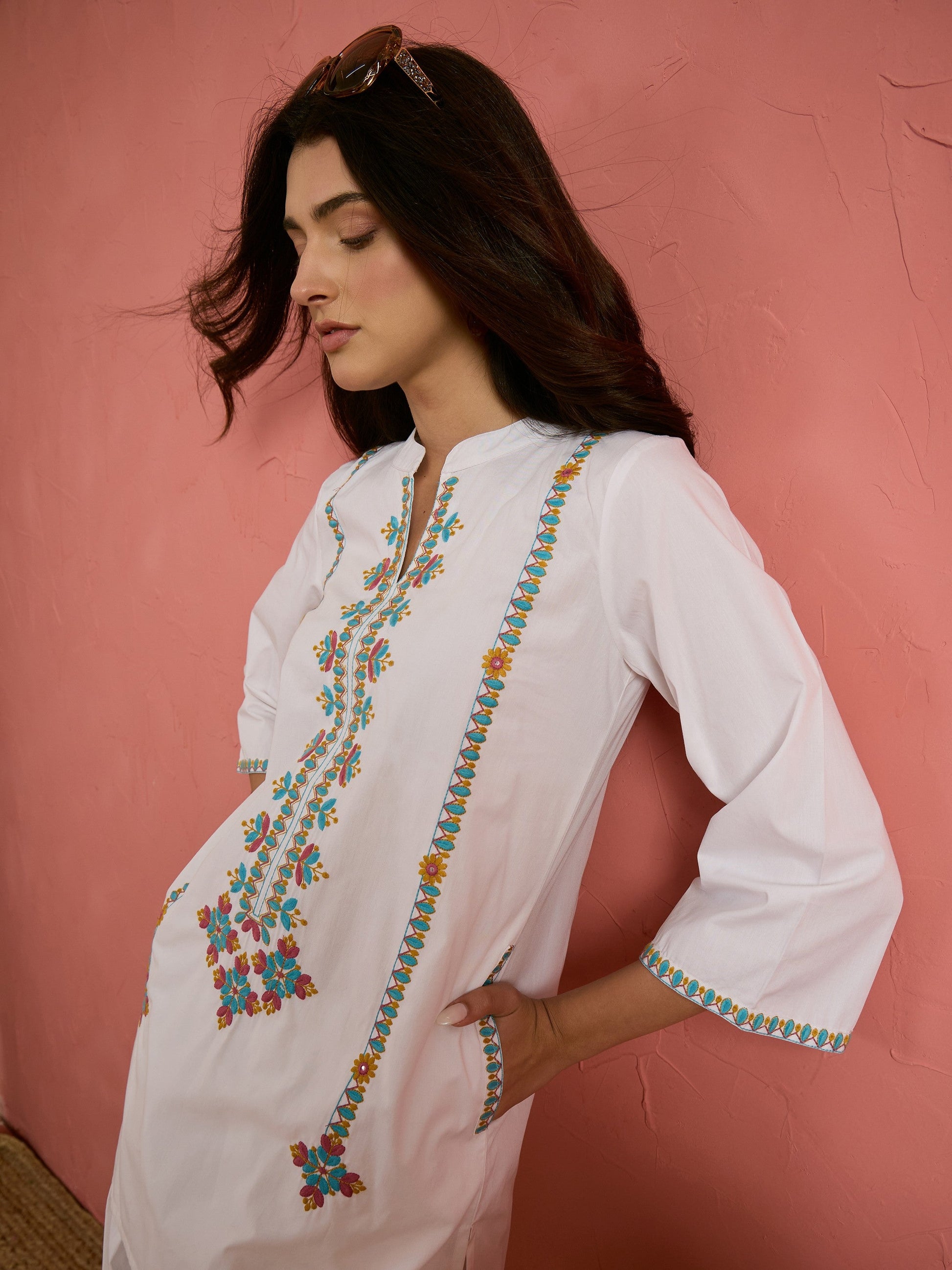 Women White Embroidered Short Kurta With Farshi Salwar