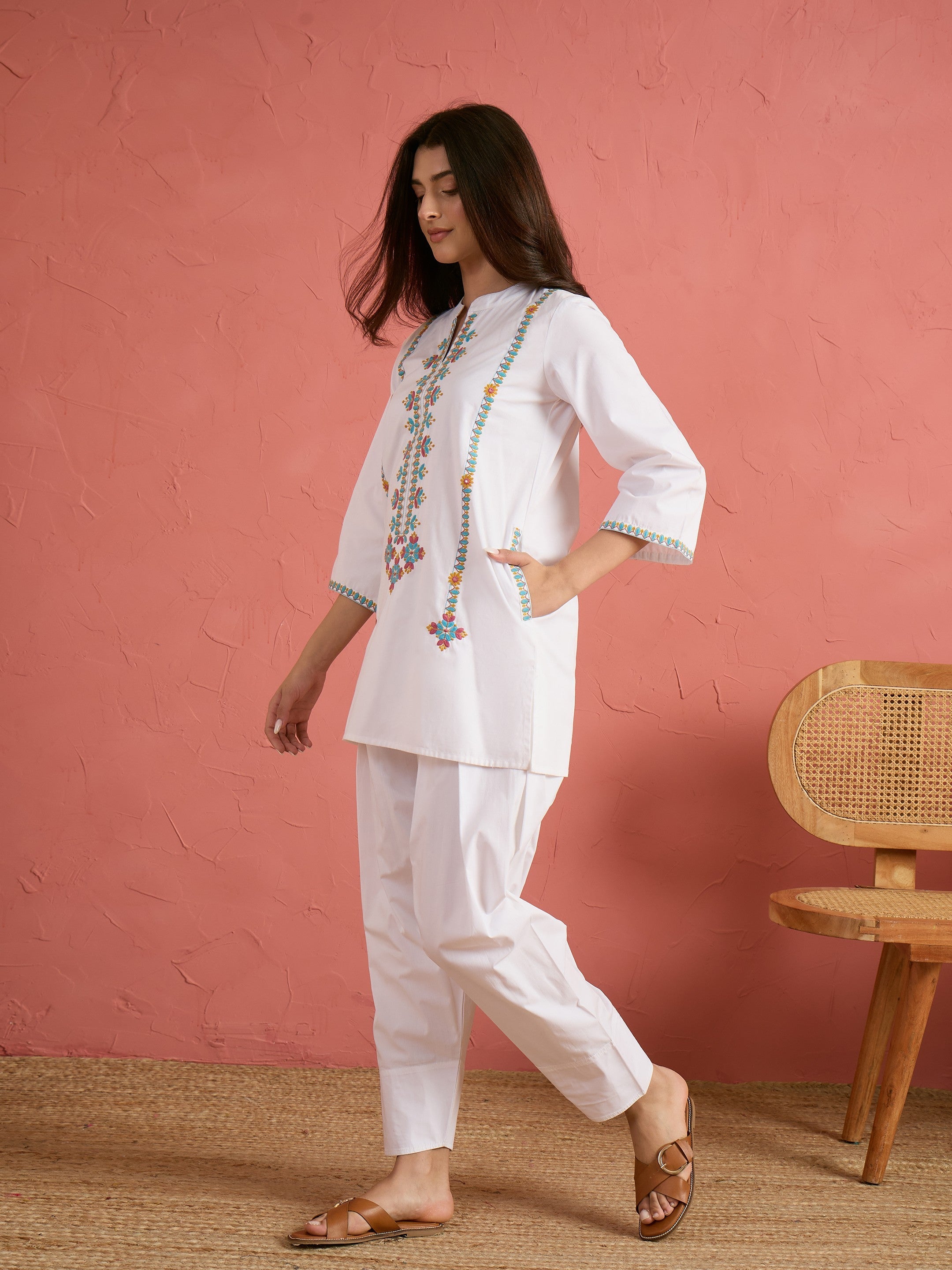 Women White Embroidered Short Kurta With Farshi Salwar