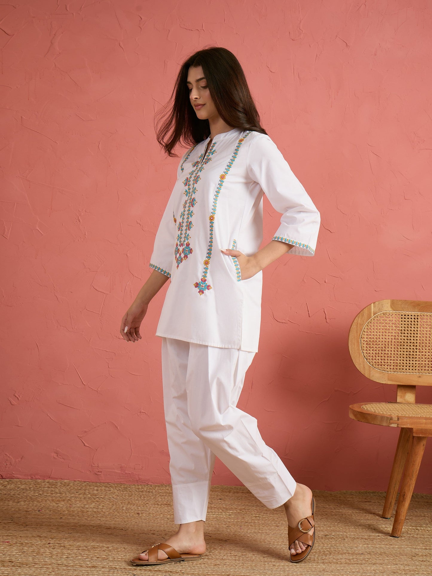 Women White Embroidered Short Kurta With Farshi Salwar
