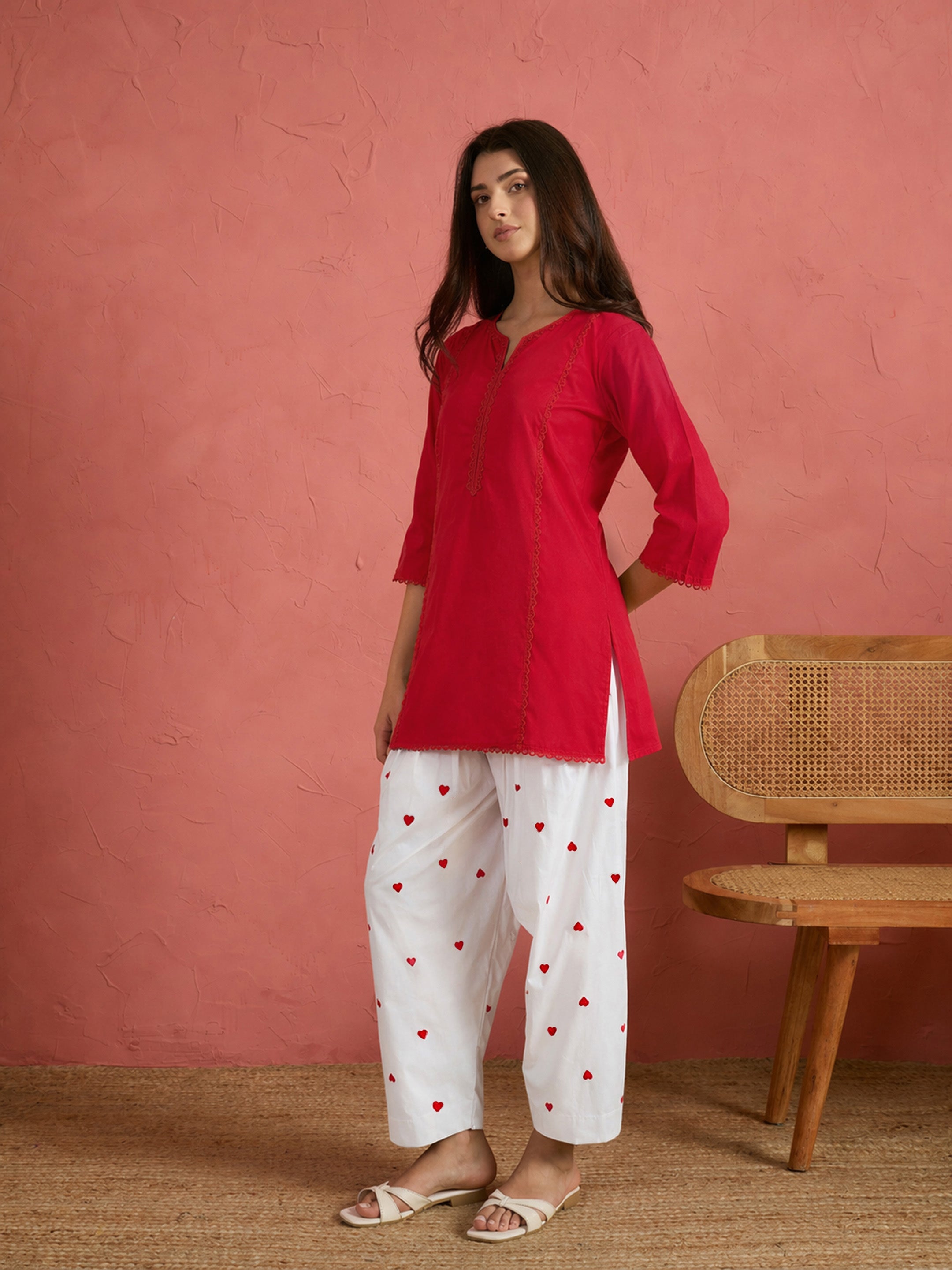 Women Red Solid Short Kurta With Heart Print Farshi Salwar