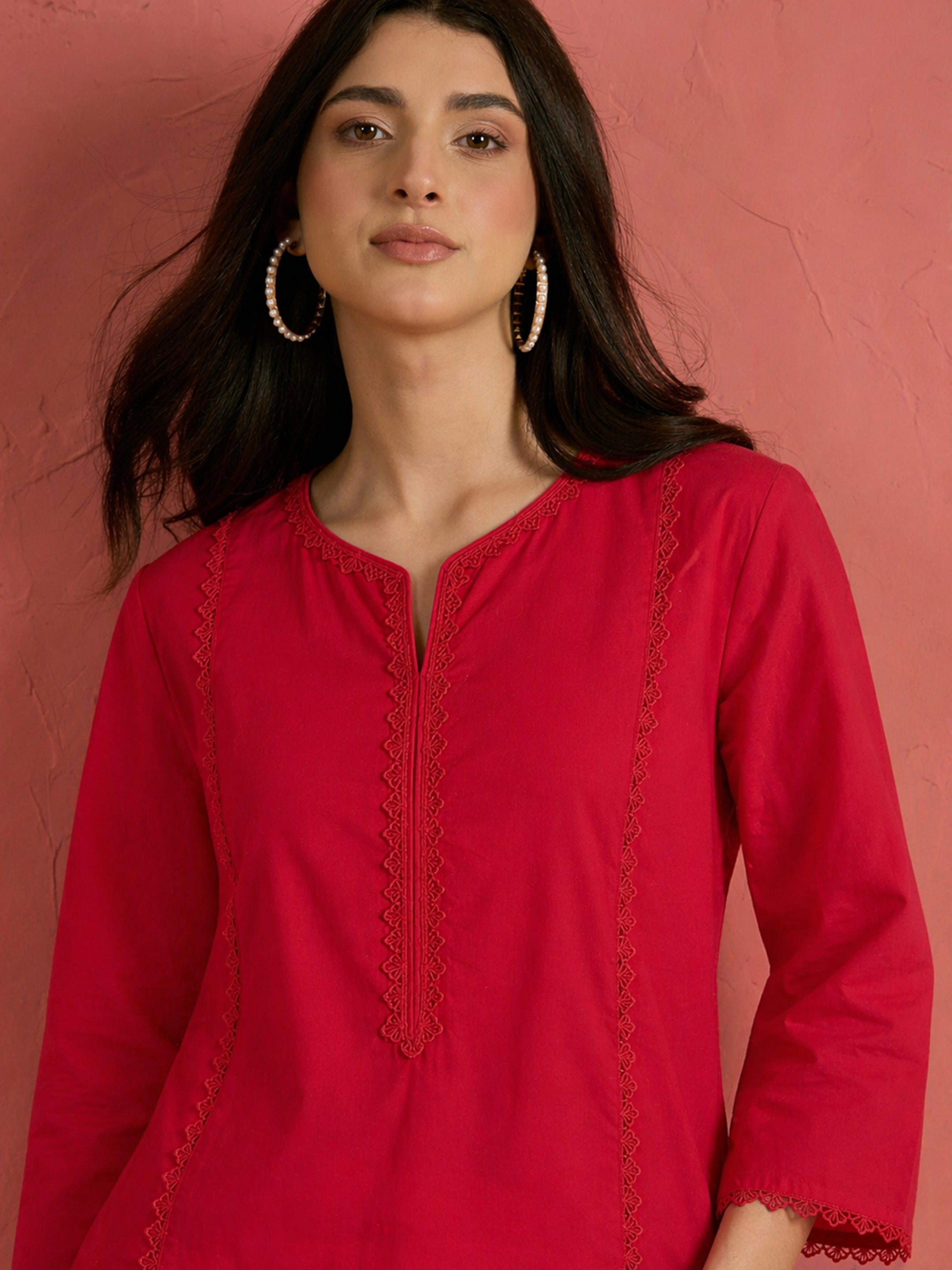 Women Red Solid Short Kurta With Heart Print Farshi Salwar