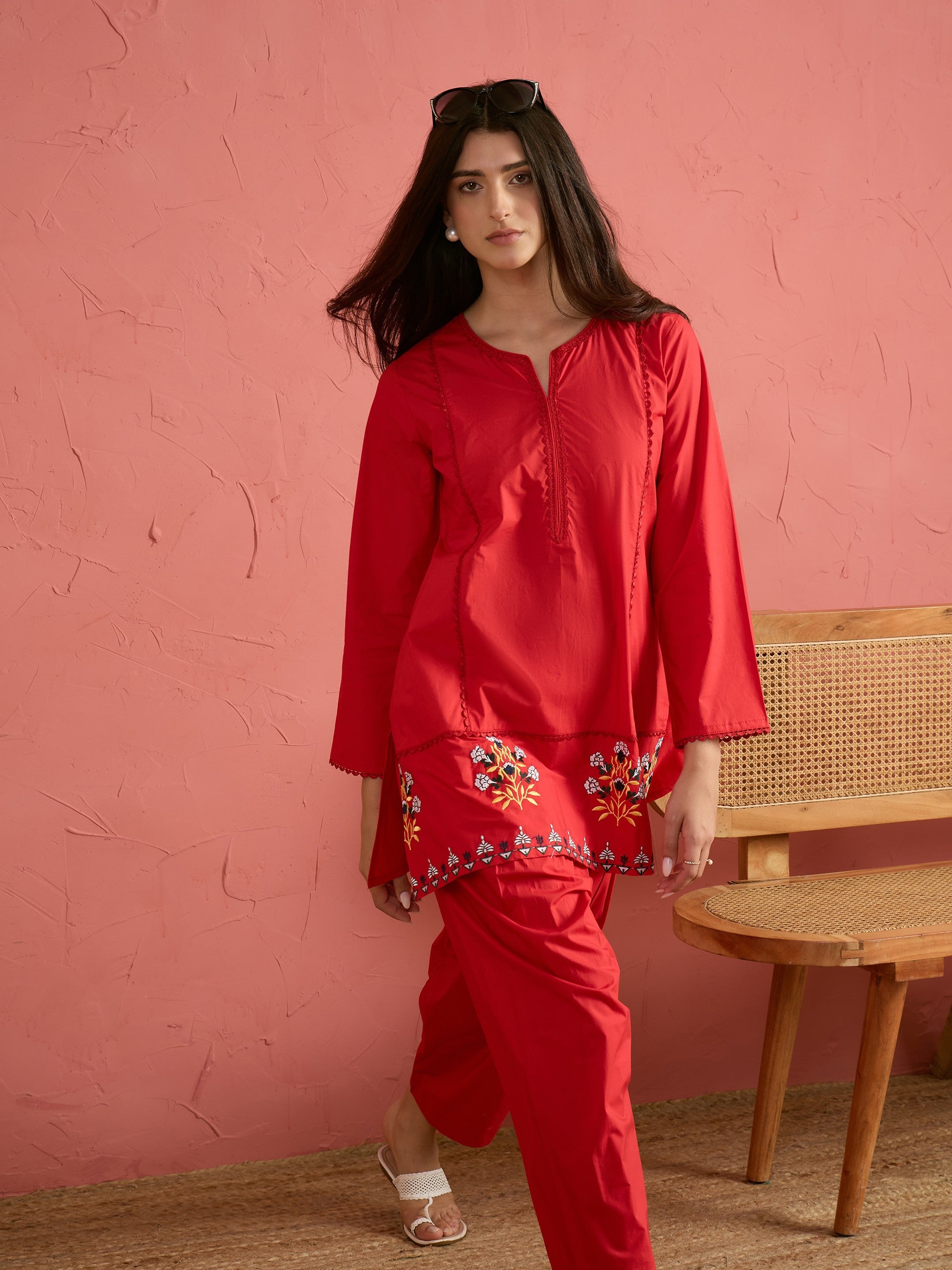 Women Red Embroidered Short Kurta With Farshi Salwar